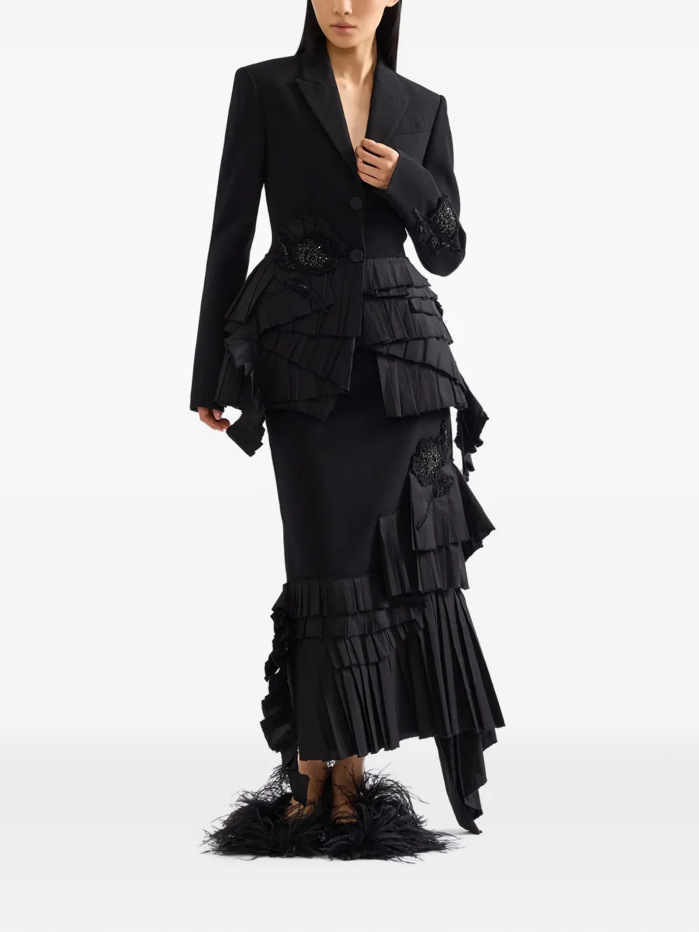 ERDEM embroidered ruffled blazer Zwart