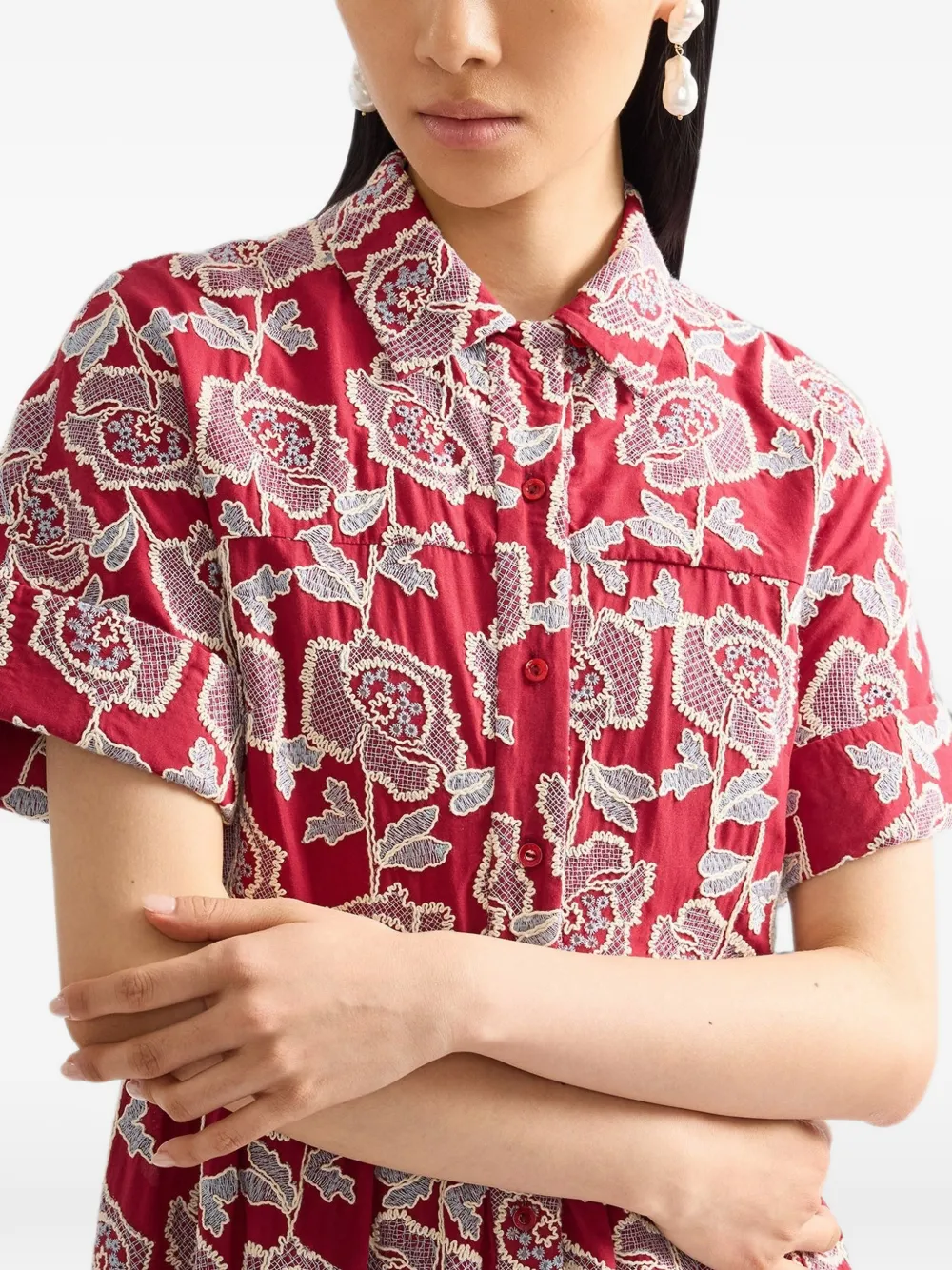ERDEM floral-embroidered midi shirt dress Rood