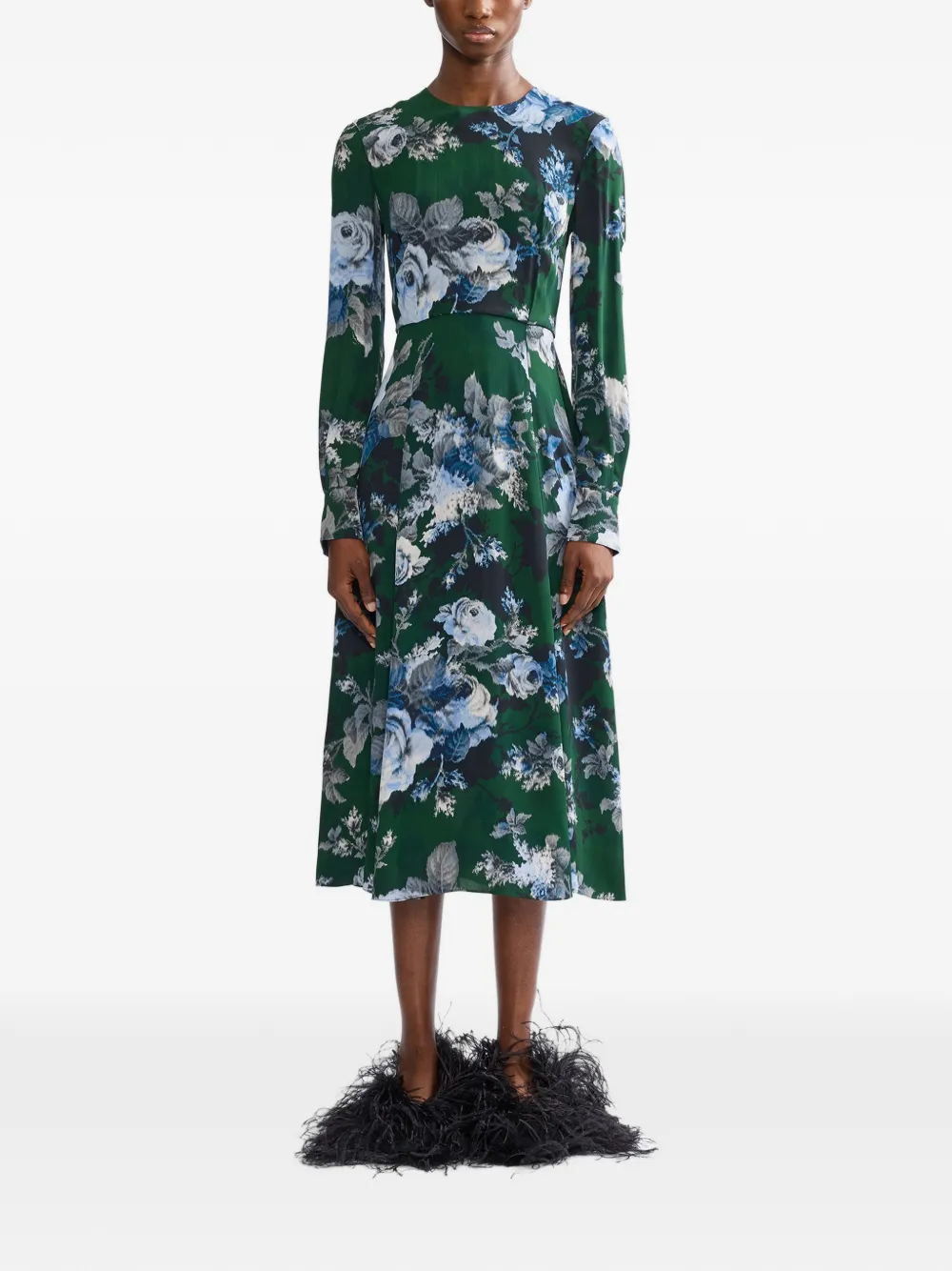 ERDEM floral-print long-sleeve midi dress Groen
