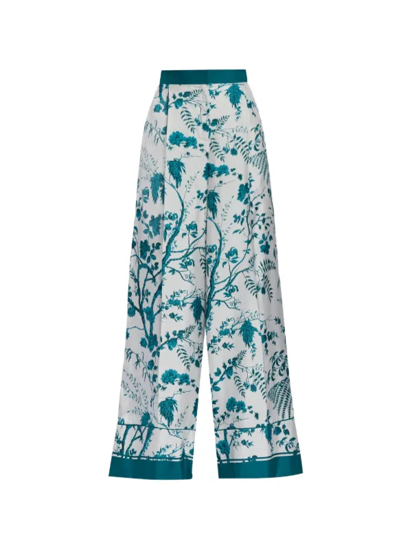 Erdem Botanical-print Silk Trousers in Blue