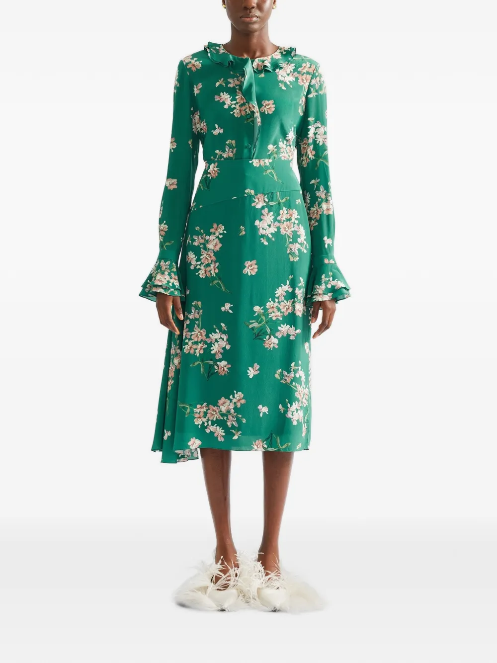 ERDEM Blouse met bloemenprint en ruches Groen