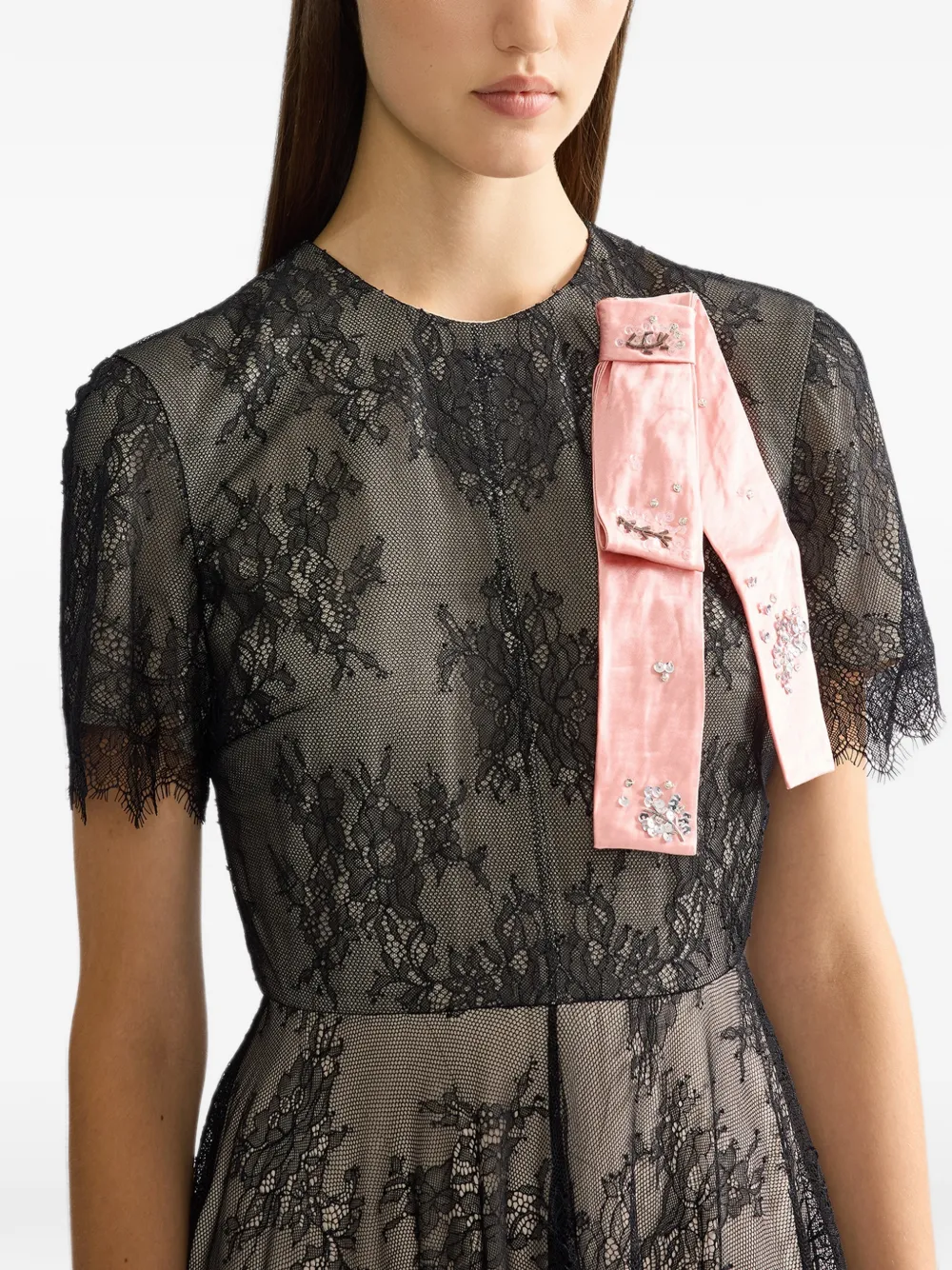 ERDEM floral-lace short-sleeve midi dress Zwart