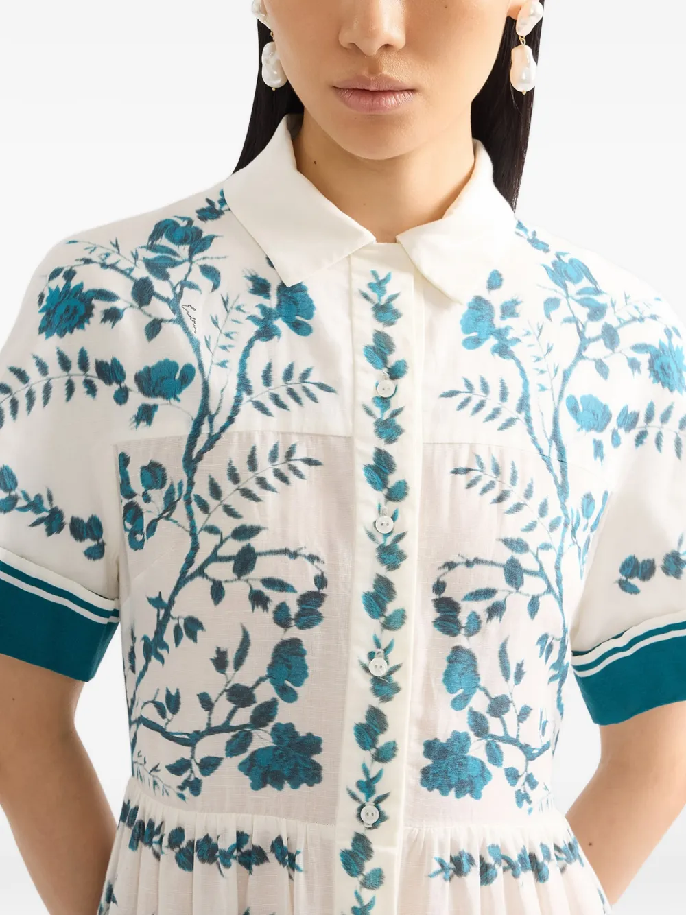 ERDEM botanical print cotton linen midi shirt dress Wit