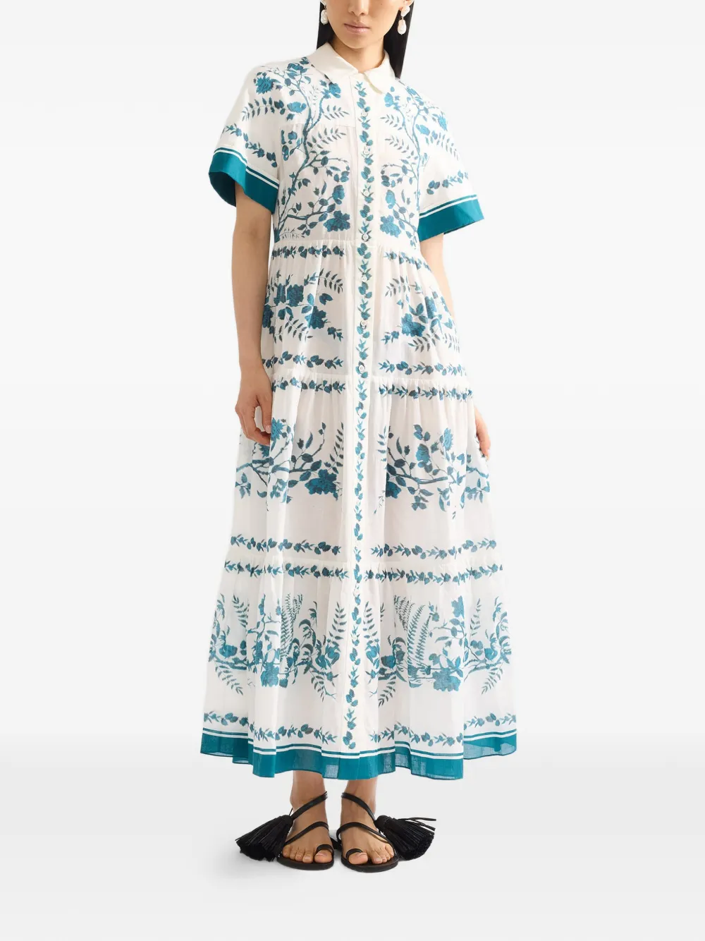 ERDEM botanical print cotton linen midi shirt dress Wit
