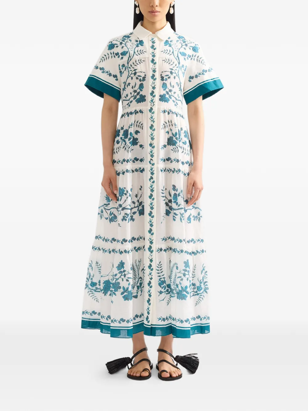 ERDEM botanical print cotton linen midi shirt dress Wit