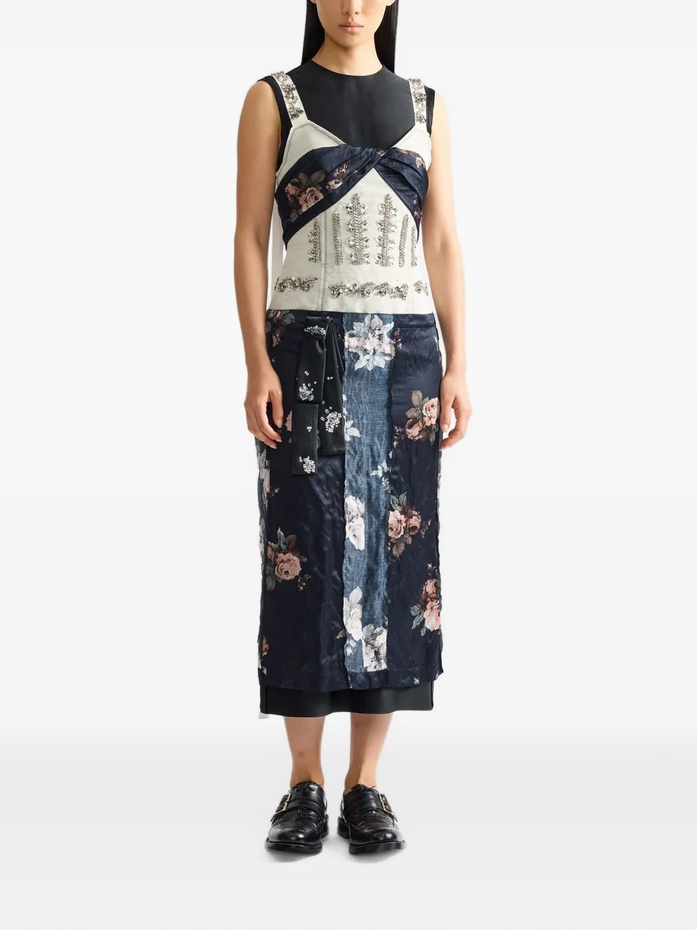 ERDEM crystal-embroidered floral-print midi dress Zwart