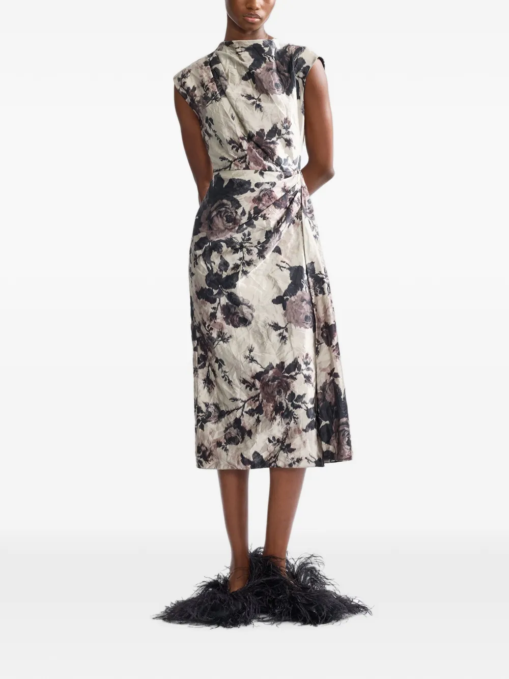 ERDEM Midi-jurk met bloemenprint Beige