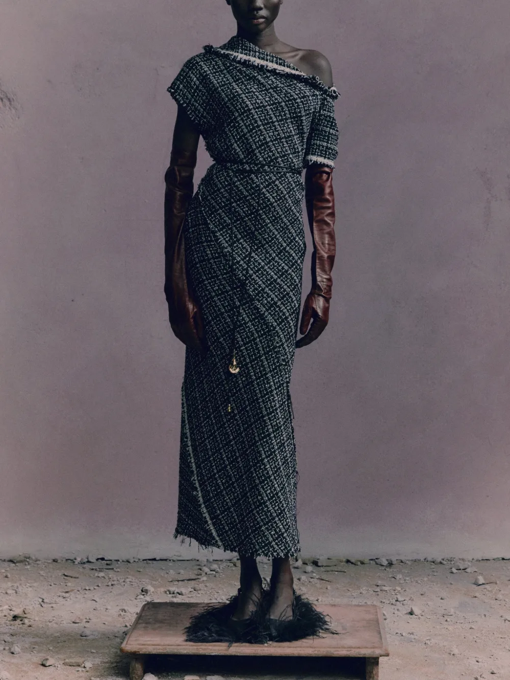 ERDEM Asymmetrische tweed maxi-jurk Zwart