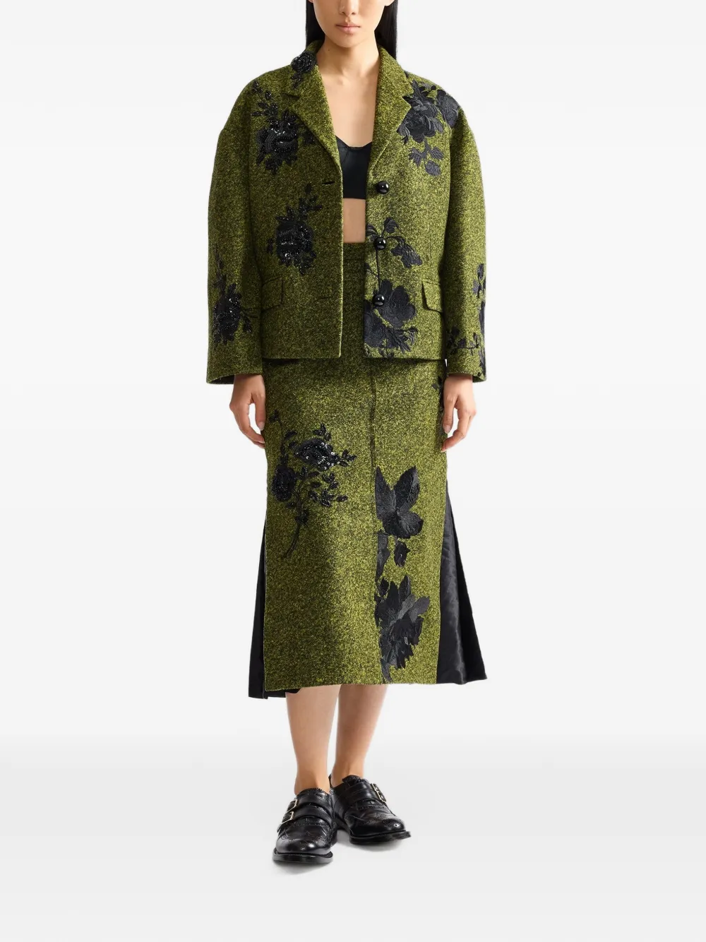ERDEM floral-embroidered speckled midi skirt Groen