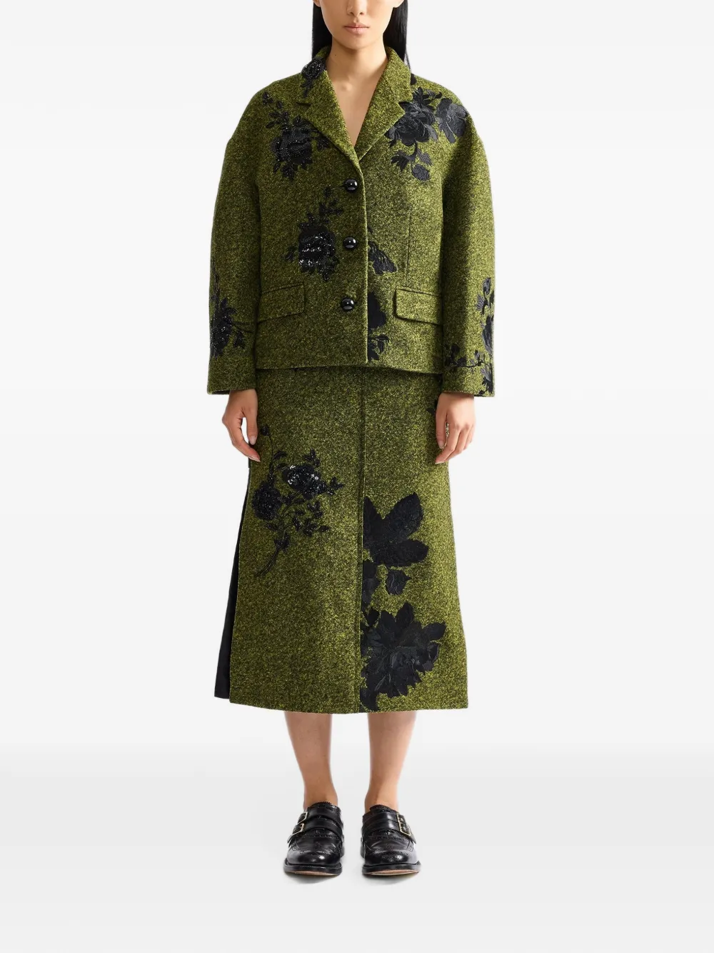 ERDEM floral-embroidered speckled midi skirt Groen