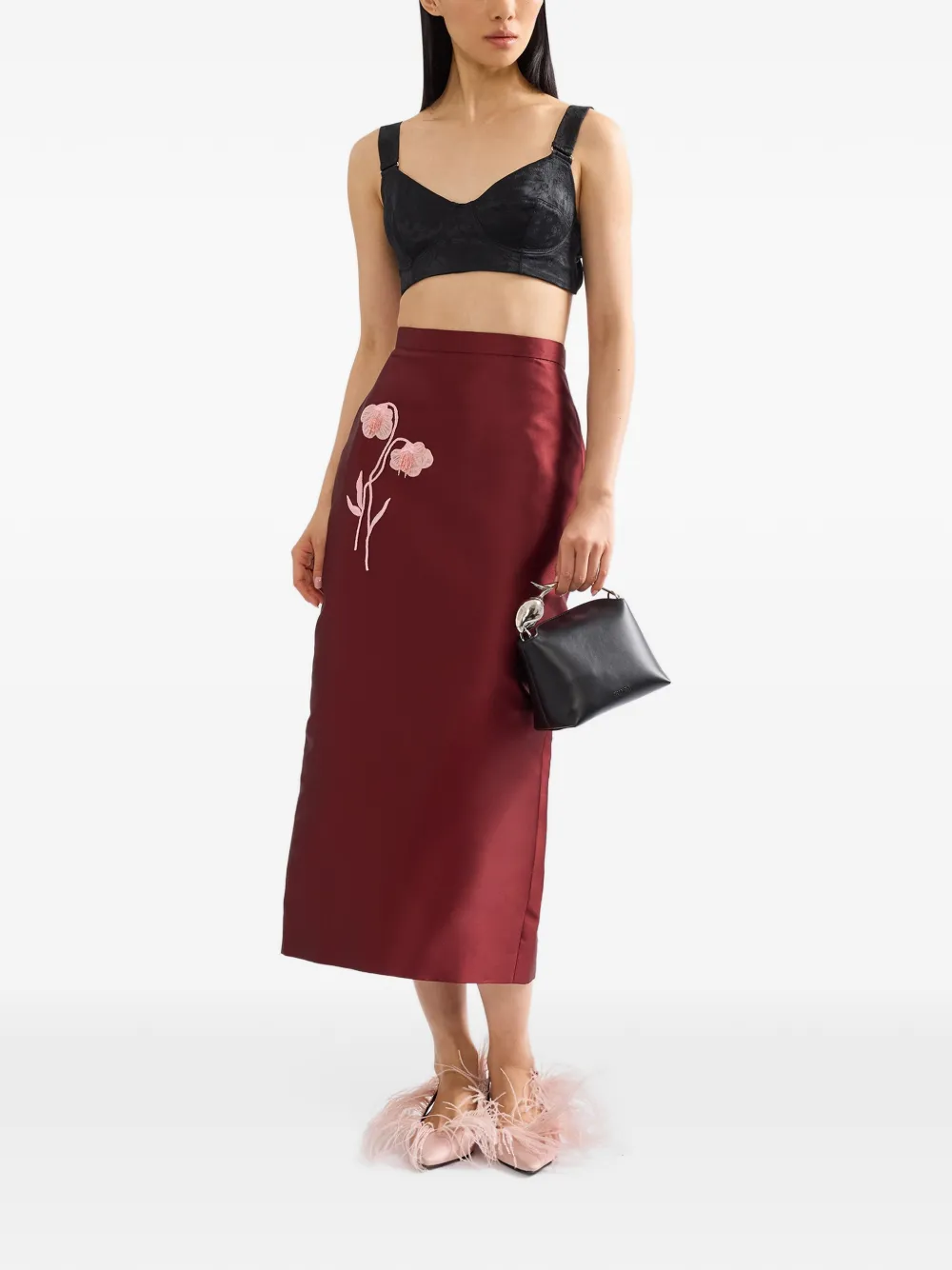 ERDEM embroidered Mikado pencil midi skirt Rood