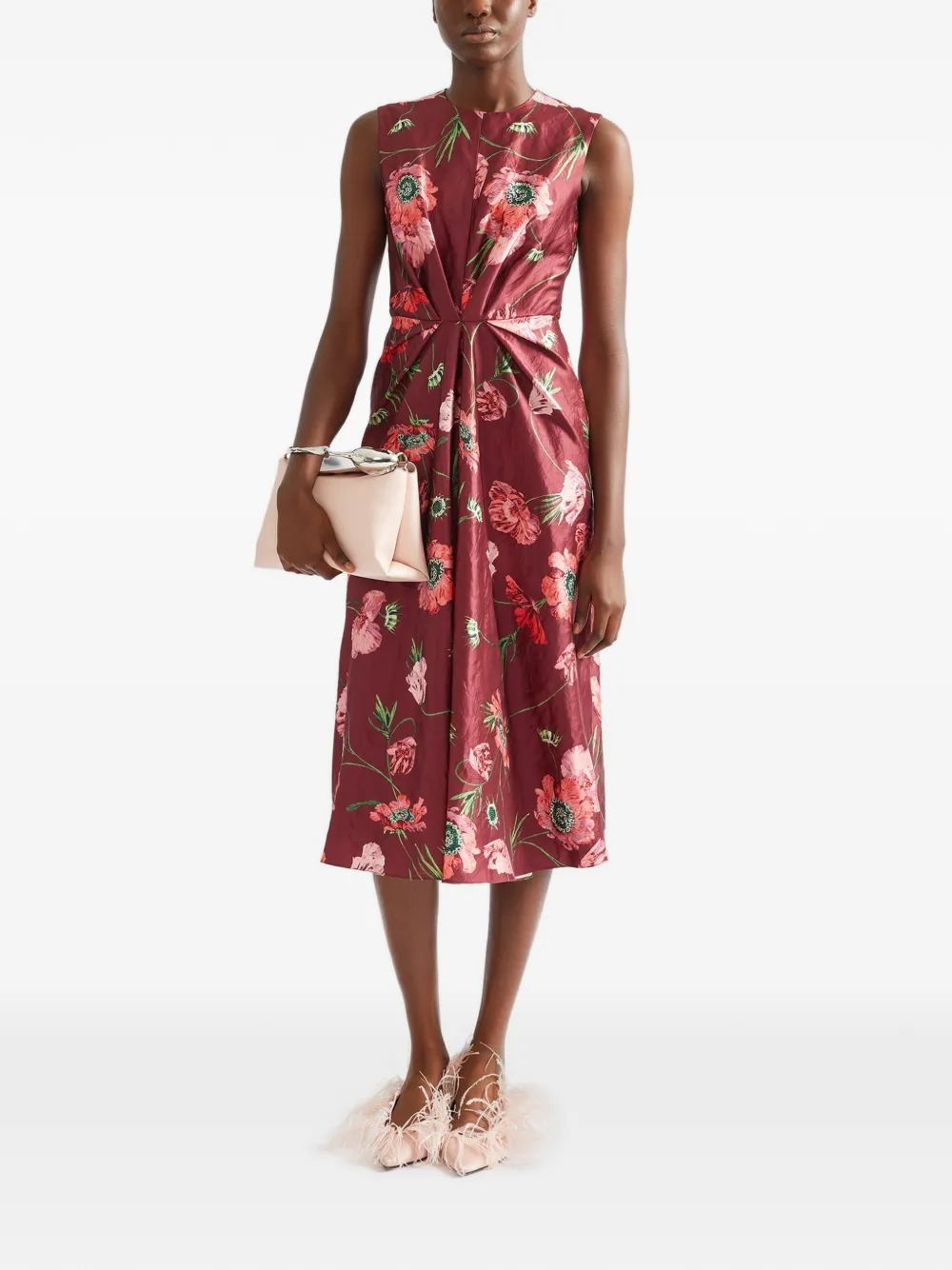 ERDEM Satijnen midi-jurk met bloemenprint en textuur Rood