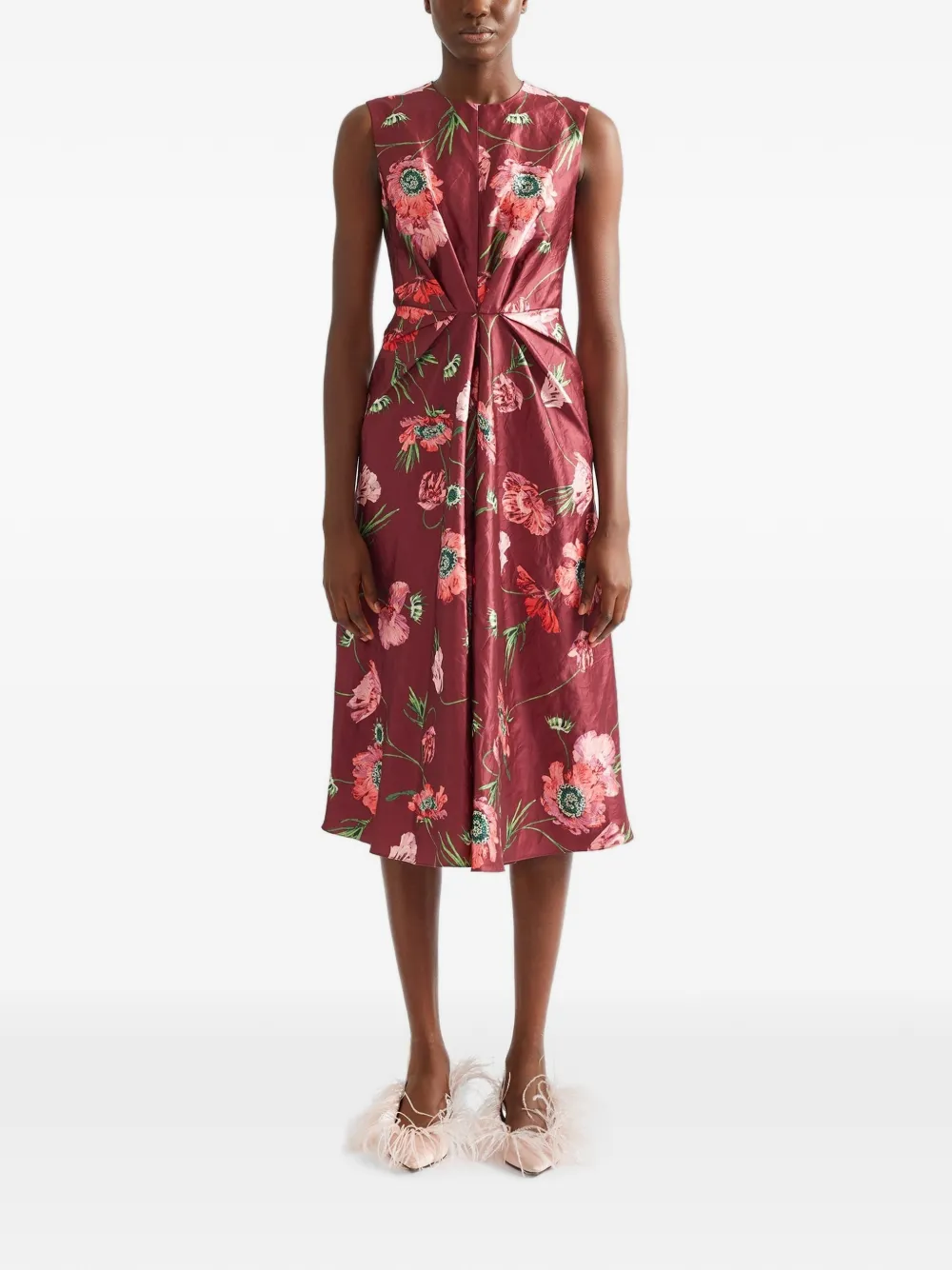 ERDEM Satijnen midi-jurk met bloemenprint en textuur Rood