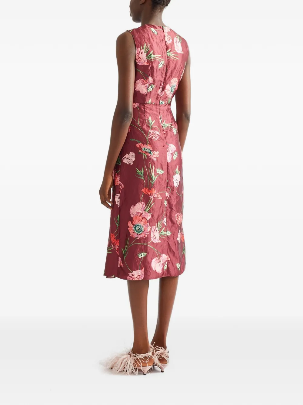 ERDEM Satijnen midi-jurk met bloemenprint en textuur Rood