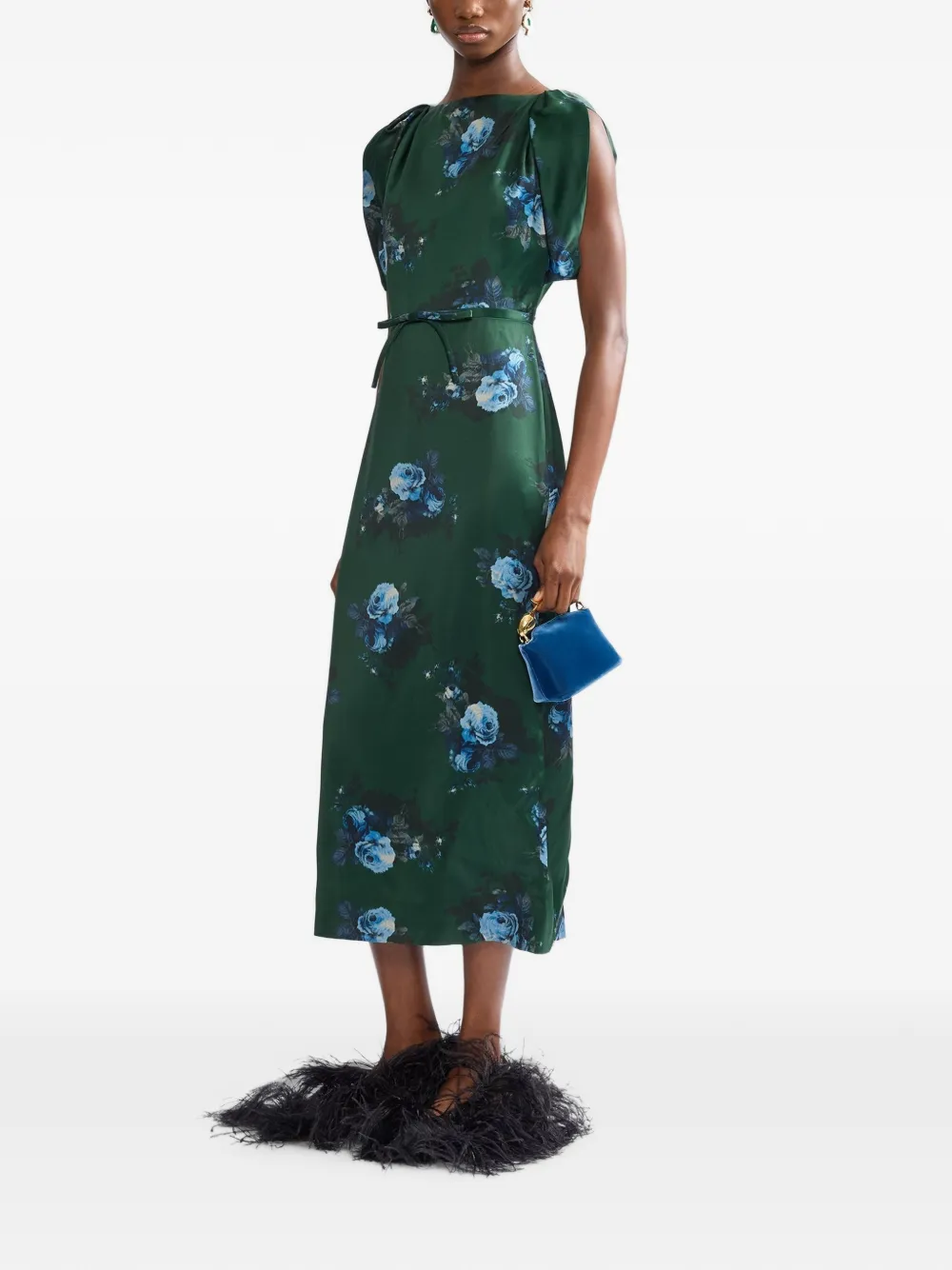 ERDEM Duchess midi-jurk met bloemenprint en ceintuur Groen
