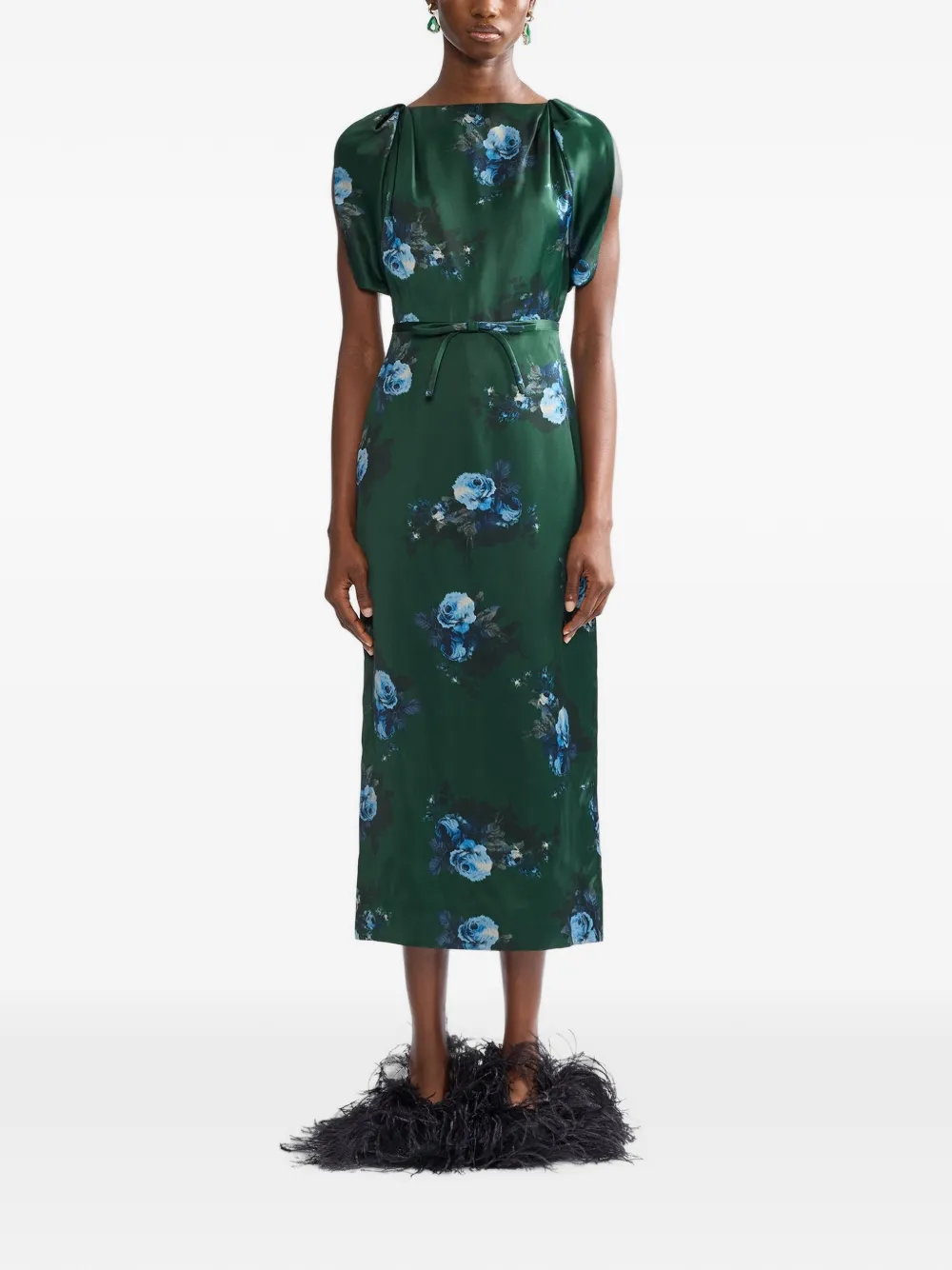 ERDEM Duchess midi-jurk met bloemenprint en ceintuur Groen