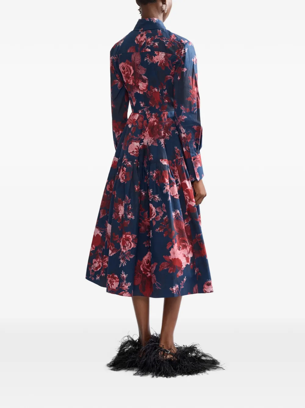 ERDEM floral-print long-sleeve midi shirt dress Blauw