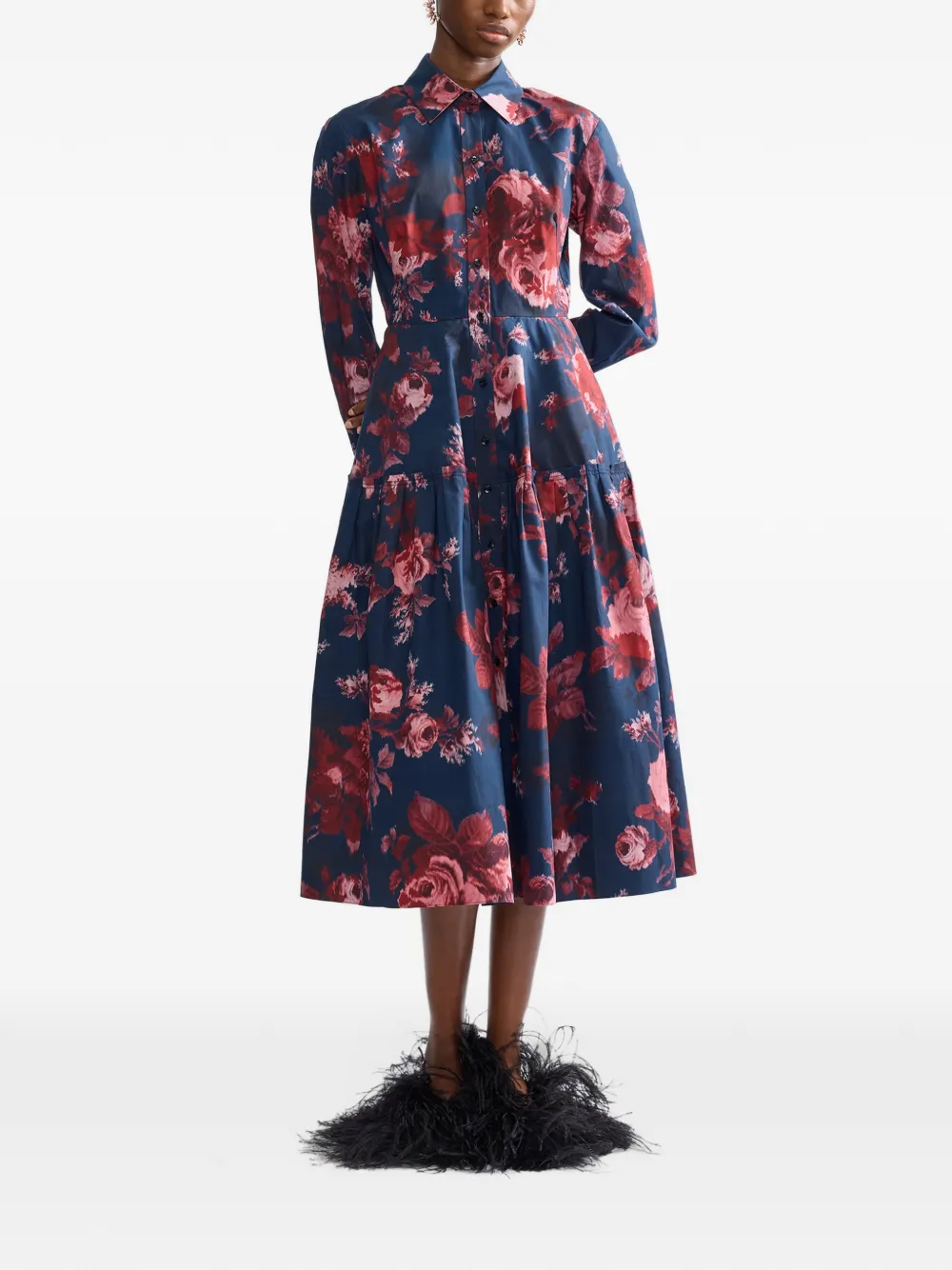 ERDEM floral-print long-sleeve midi shirt dress Blauw