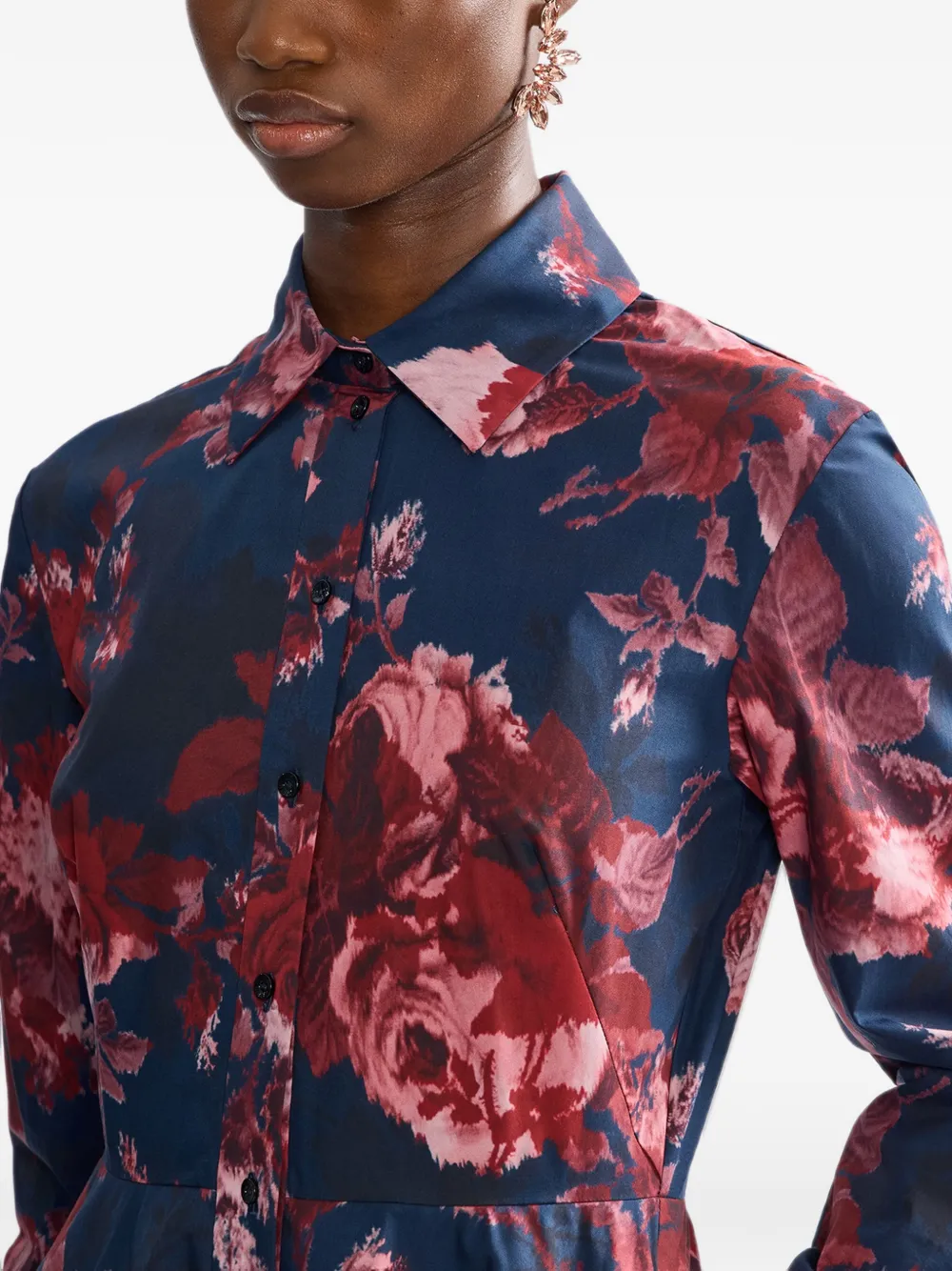 ERDEM floral-print long-sleeve midi shirt dress Blauw