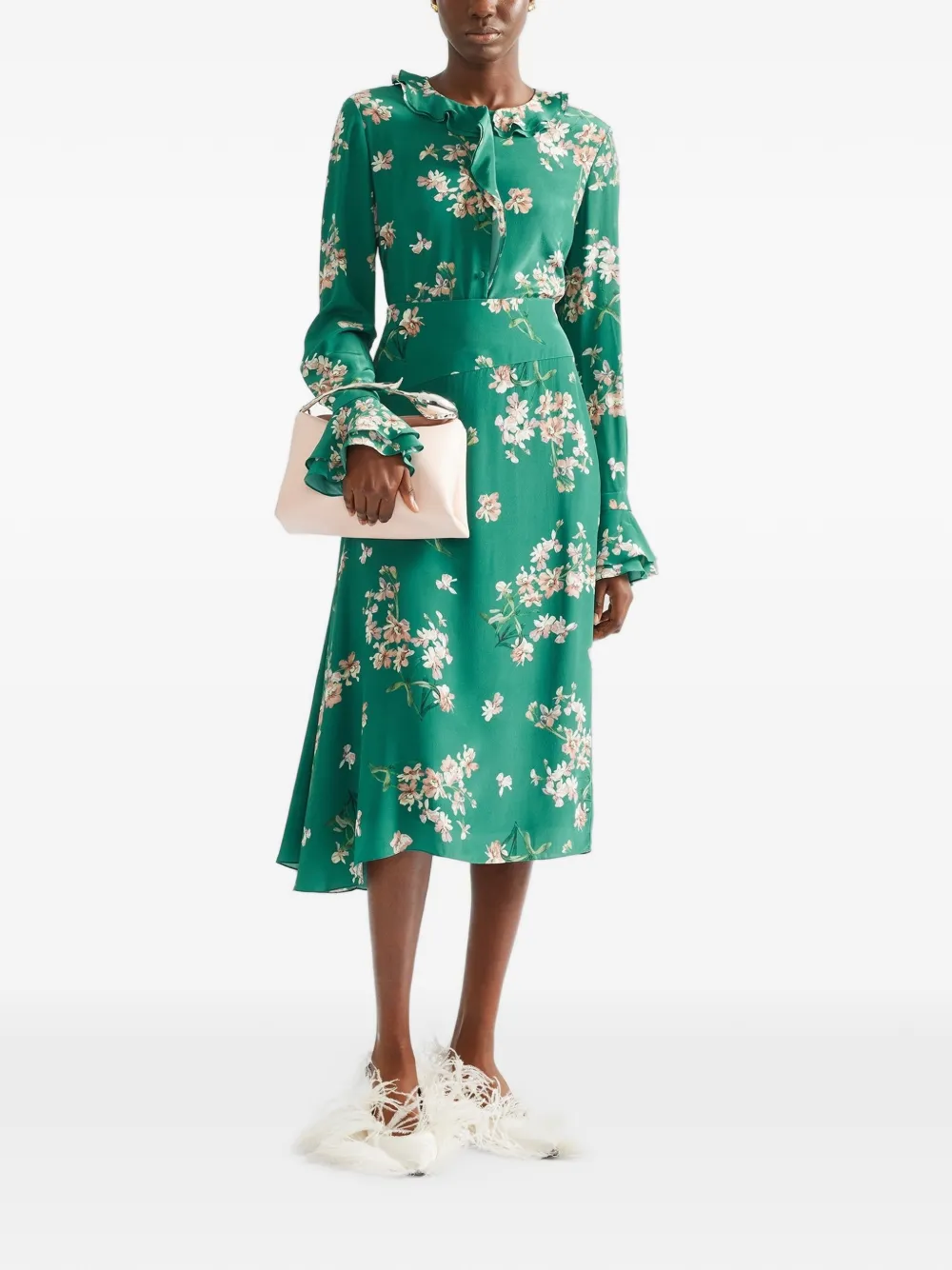 ERDEM Gedrapeerde crêpe de chine midi-rok met bloemenprint Groen