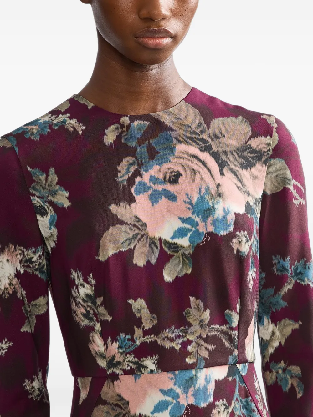ERDEM Cady midi-jurk met bloemenprint en lange mouwen Paars