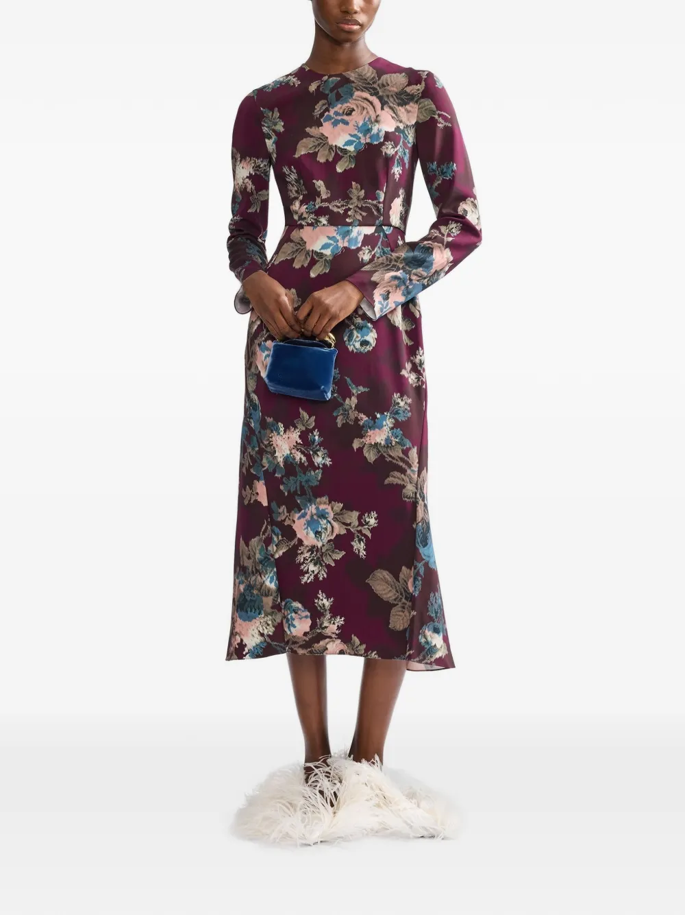 ERDEM Cady midi-jurk met bloemenprint en lange mouwen Paars