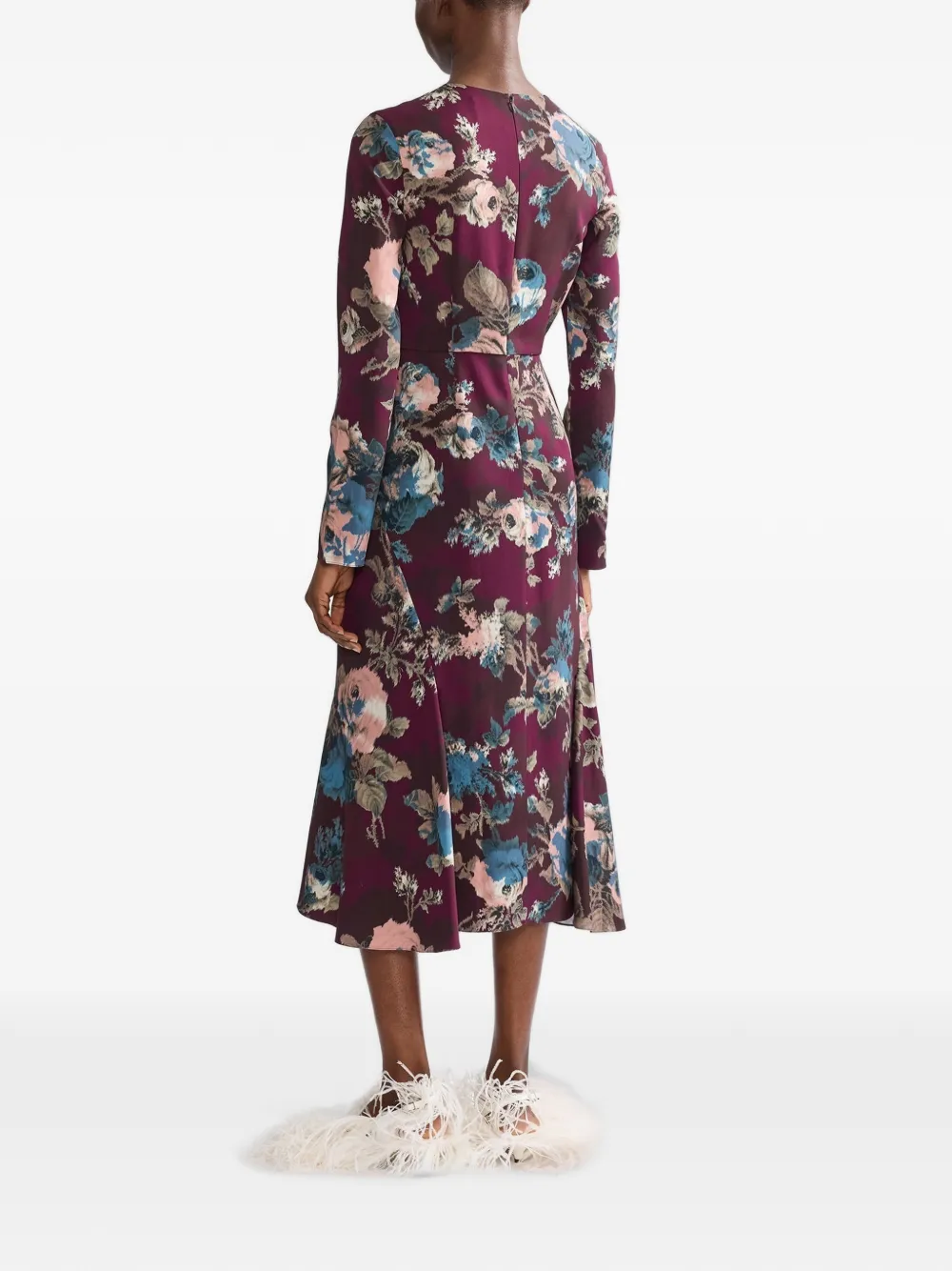 ERDEM Cady midi-jurk met bloemenprint en lange mouwen Paars