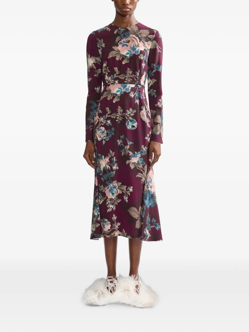 ERDEM Cady midi-jurk met bloemenprint en lange mouwen Paars