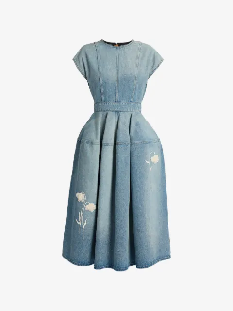 ERDEM Embroidered denim short sleeve midi dress