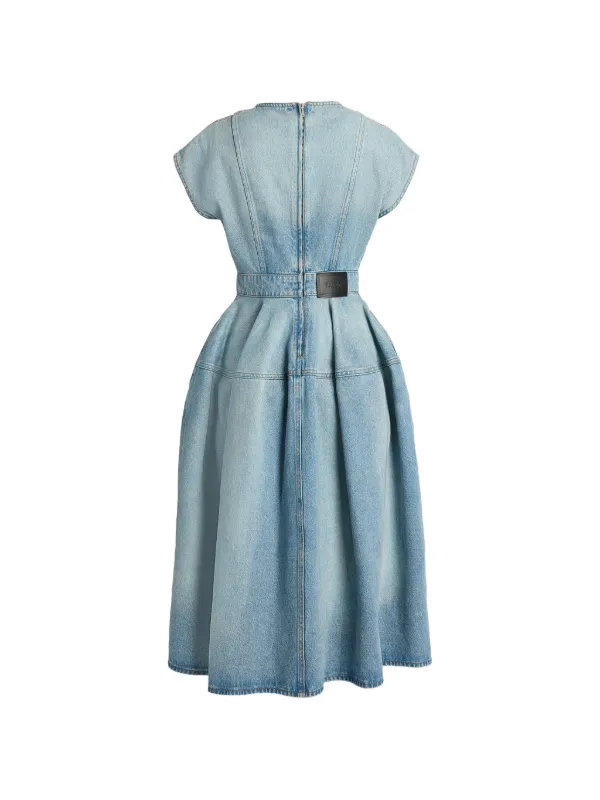 ERDEM Embroidered Denim Short Sleeve Midi Dress | Blue
