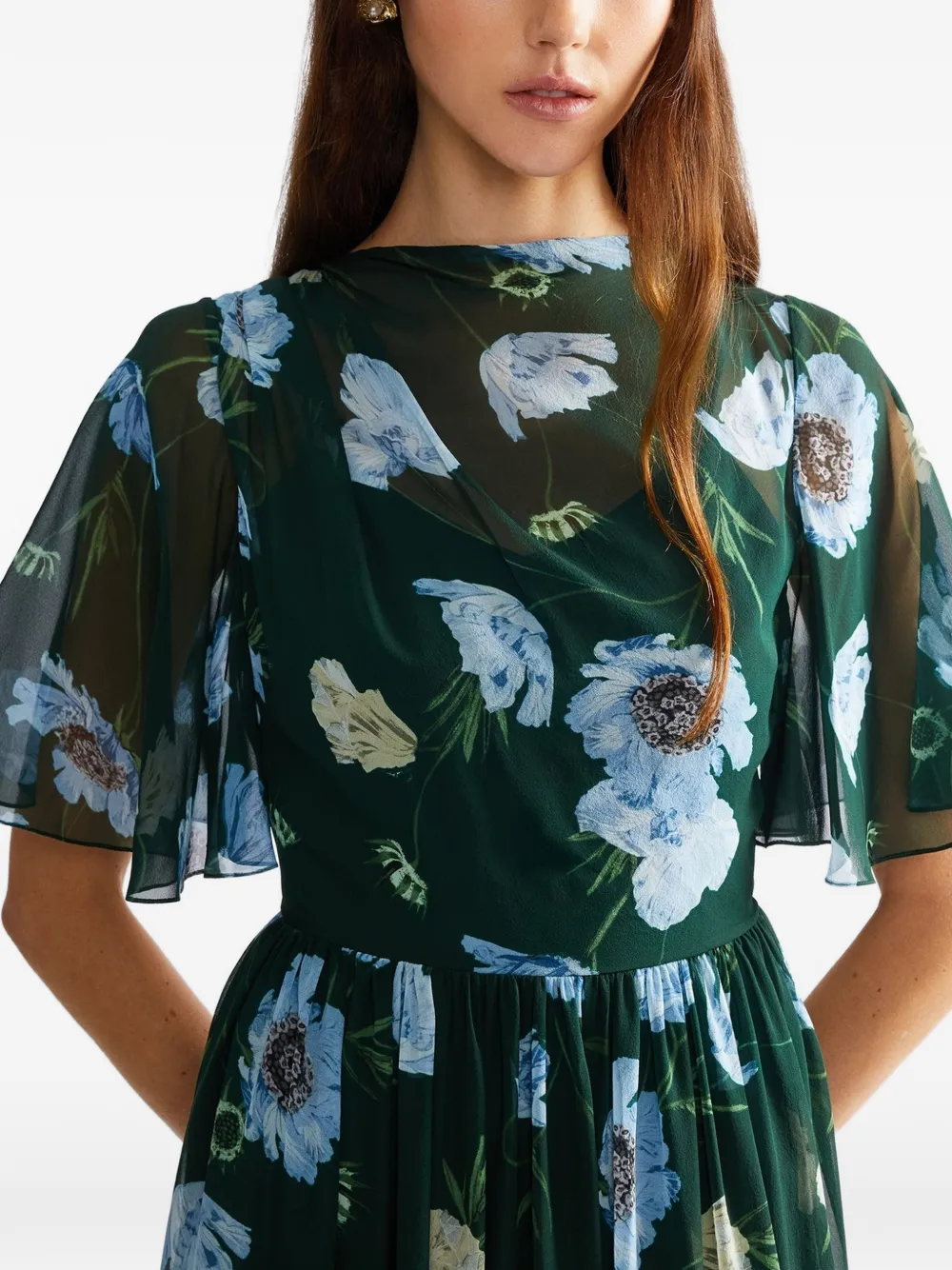 ERDEM Zijde midi-jurk met bloemenprint Groen
