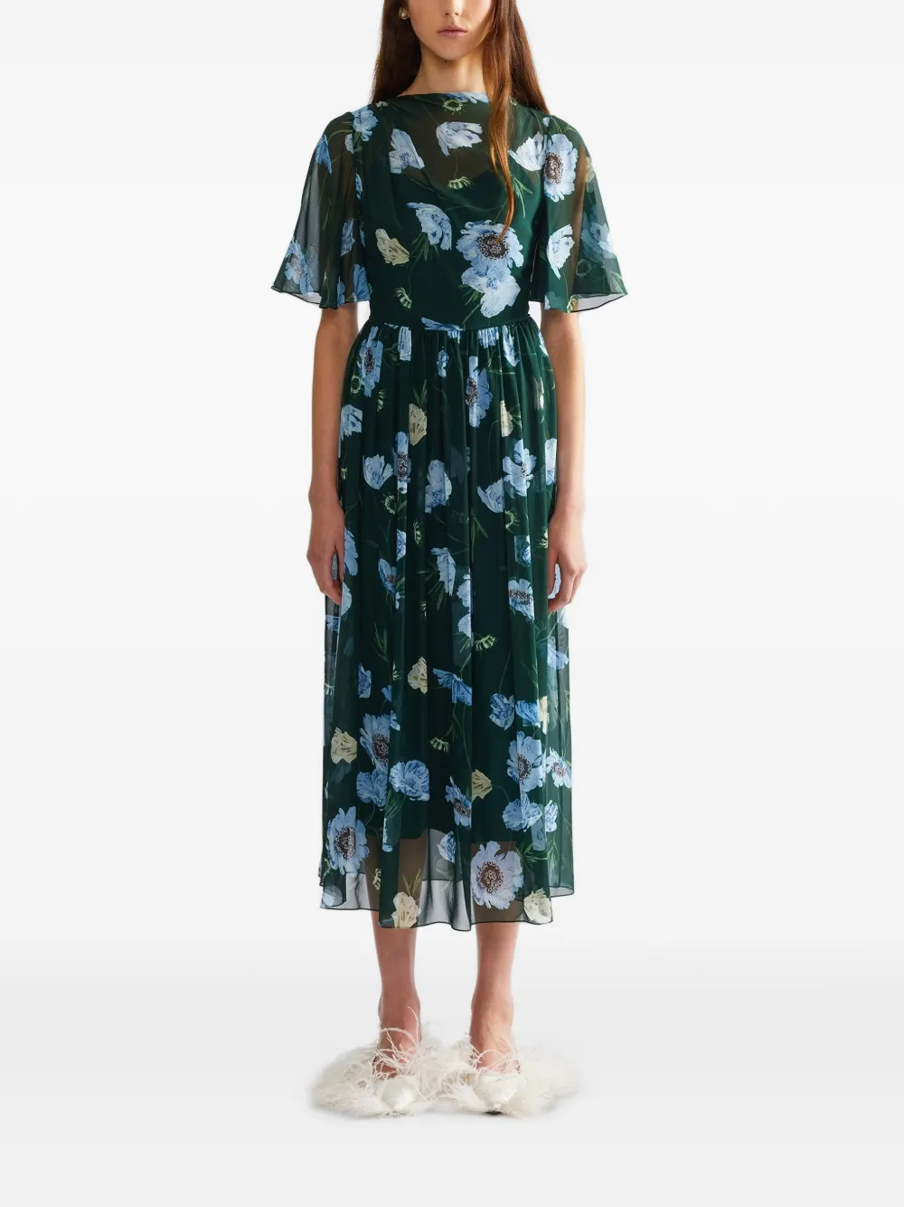 ERDEM Zijde midi-jurk met bloemenprint Groen