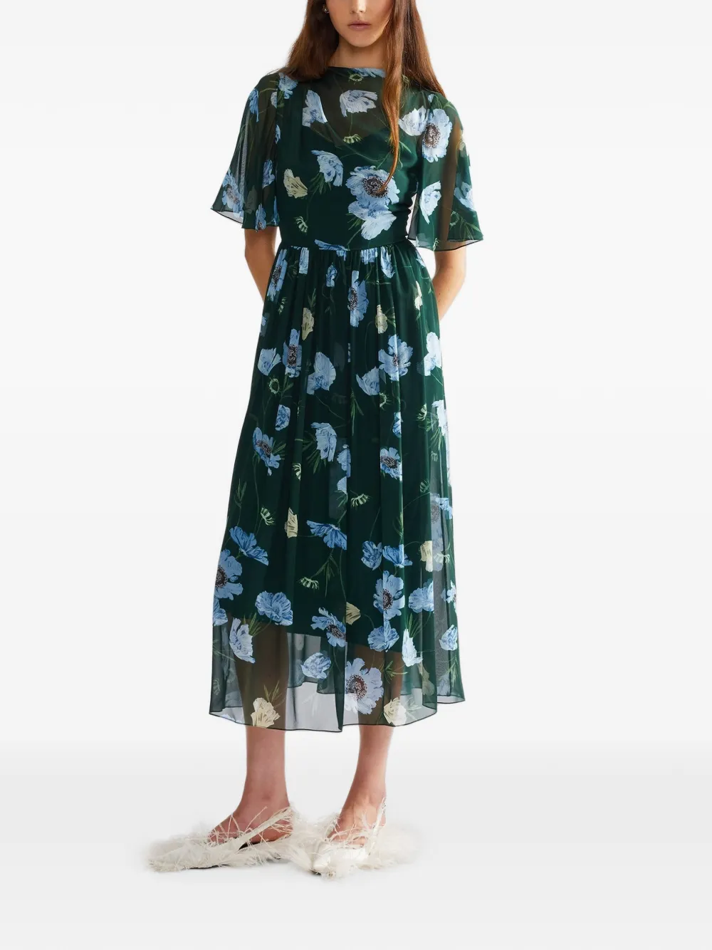ERDEM Zijde midi-jurk met bloemenprint Groen