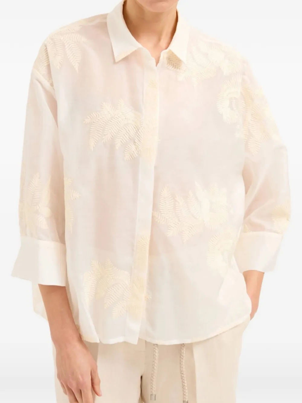 BIANCALANCIA leaf-embroidered semi-sheer shirt - Nude