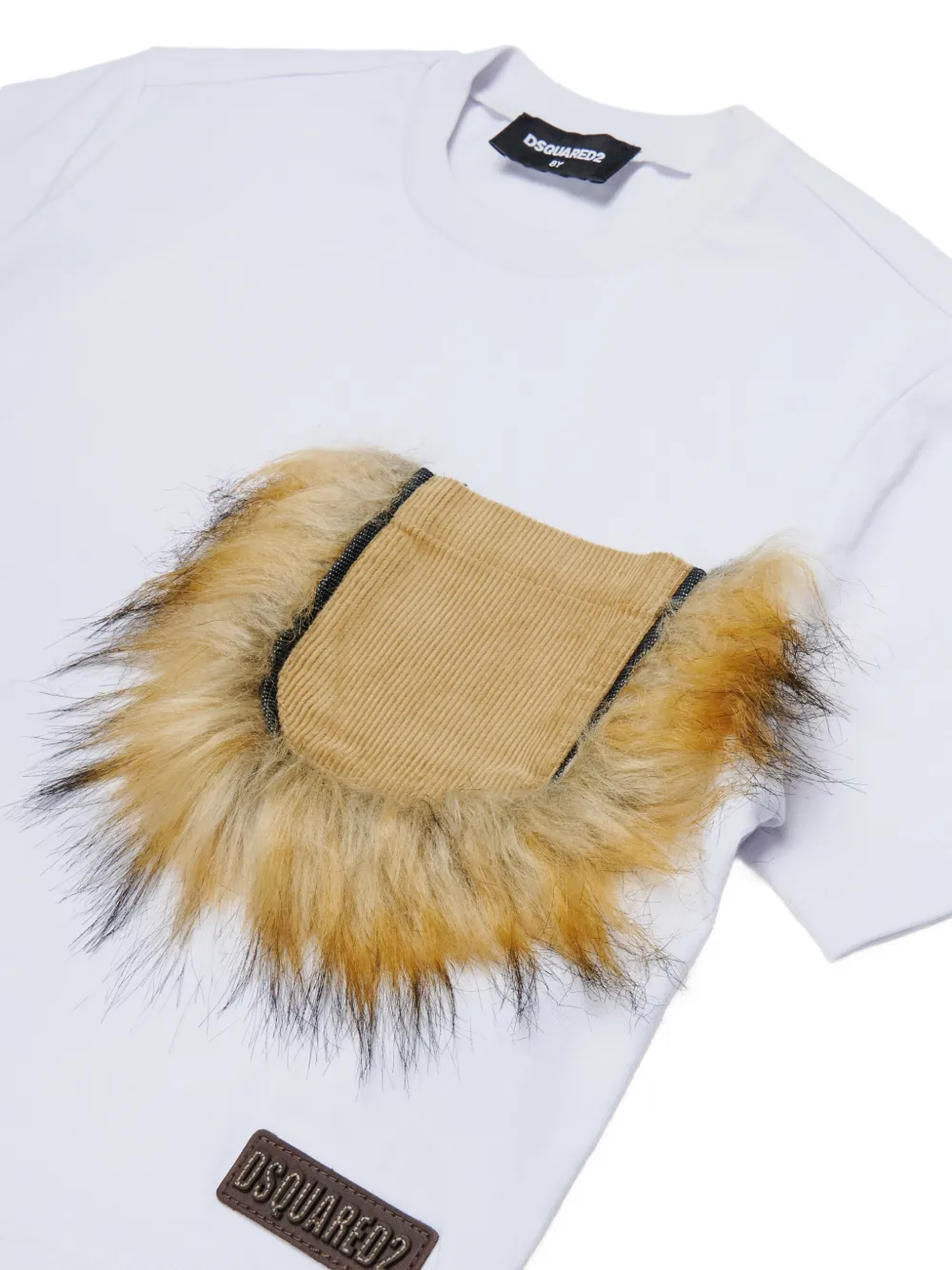DSQUARED2 KIDS Ribfluwelen T-shirt met imitatiebont afwerking Wit