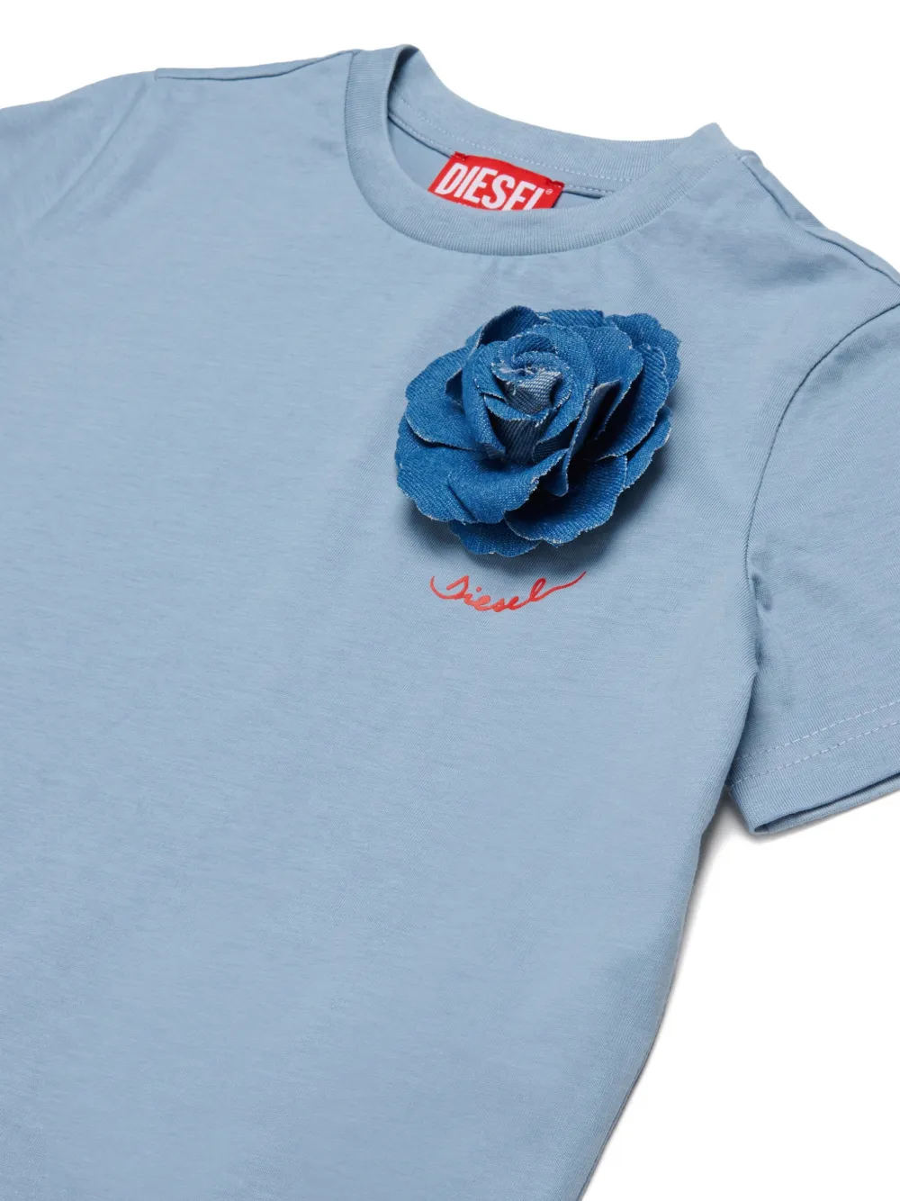 Diesel Kids T-shirt met spijkerstof roos applicatie Blauw