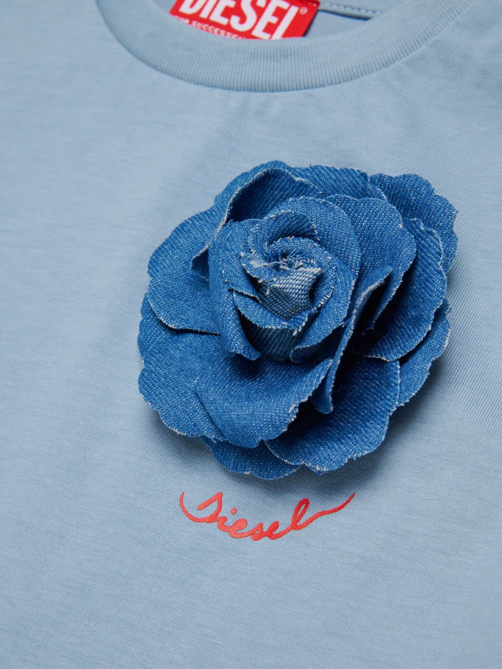 Diesel Kids T-shirt met spijkerstof roos applicatie Blauw