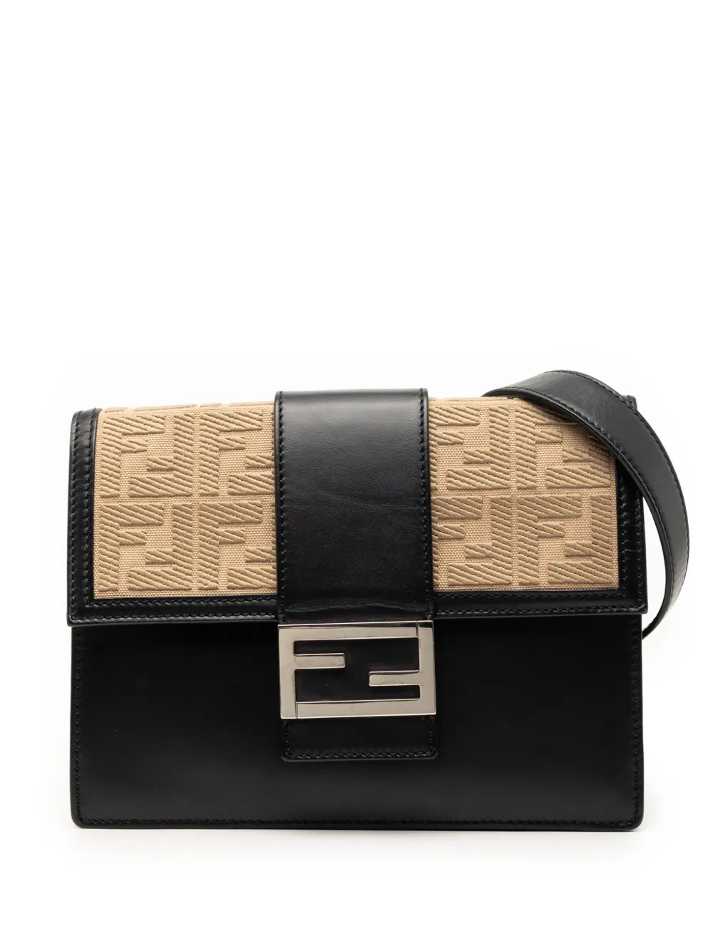 Fendi Pre-Owned 2010-2026 Calfskin and Canvas FF 1974 Flat Baguette crossbody bag - Nero