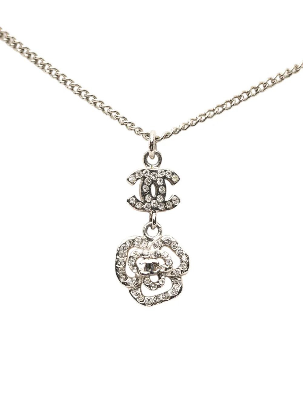 CHANEL Pre-Owned 2007 CC Brass and Strass Camellia Pendant Necklace costume necklace - Argento