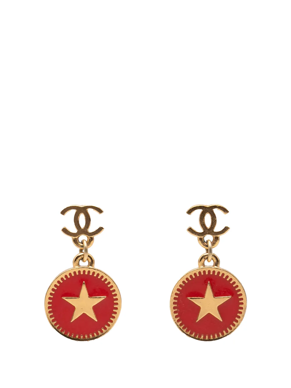 Pre-owned Chanel 2001 Cc Gold Plated Enamel Star Dangling Push Back Earrings Costume Earrings