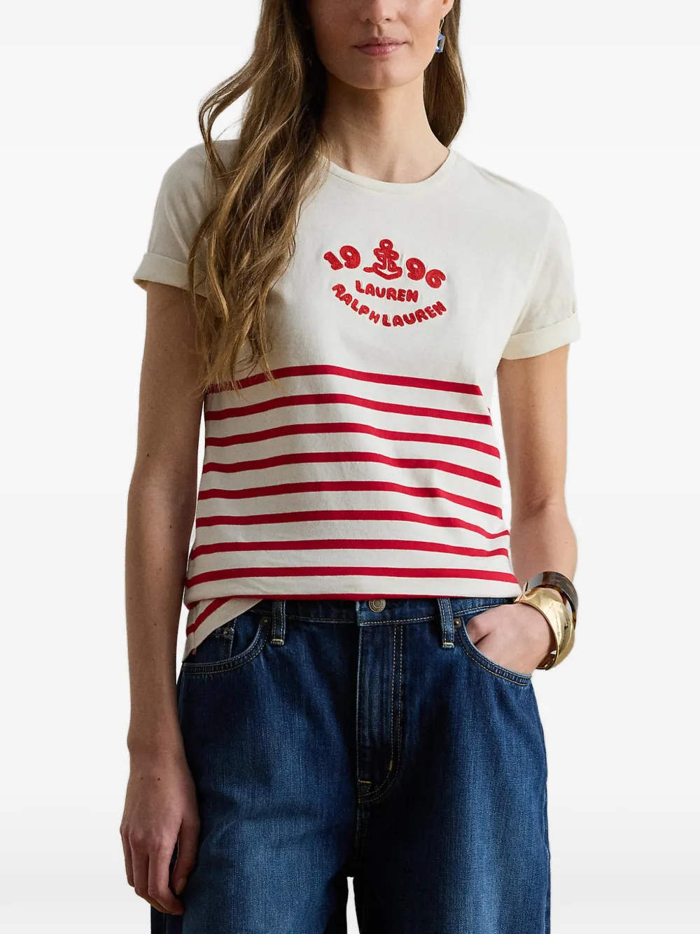 Lauren Ralph Lauren logo-embroidered striped T-shirt - Toni neutri