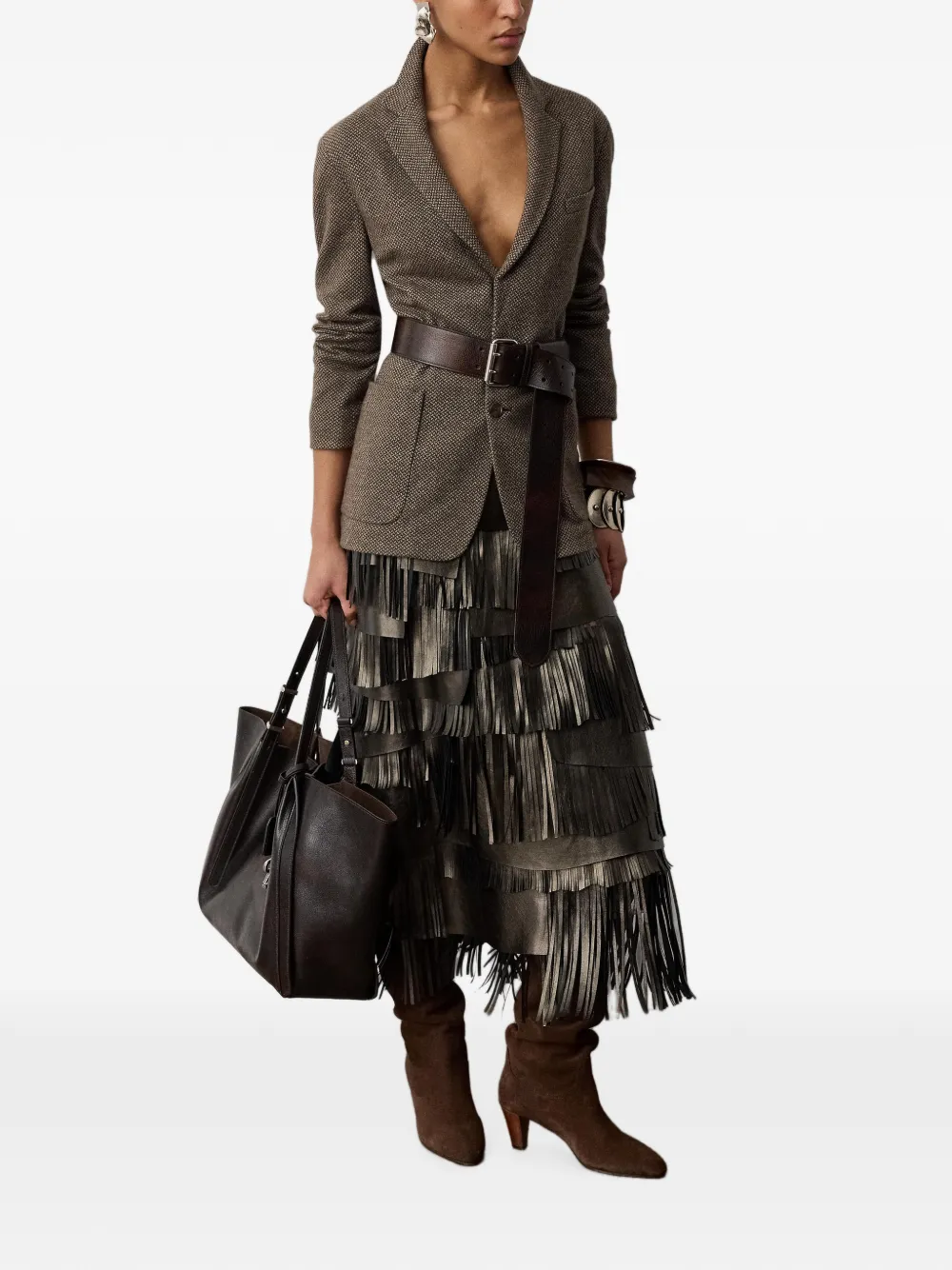 Ralph Lauren Collection Belinda Fringe-trimmed Tiered Midi Skirt in Grey, view 2