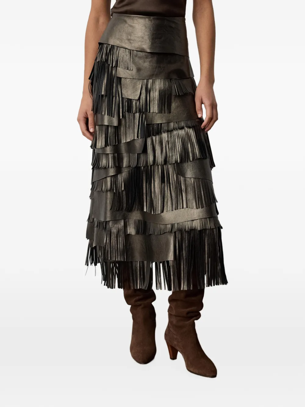 Ralph Lauren Collection Belinda Fringe-trimmed Tiered Midi Skirt in Grey, view 5
