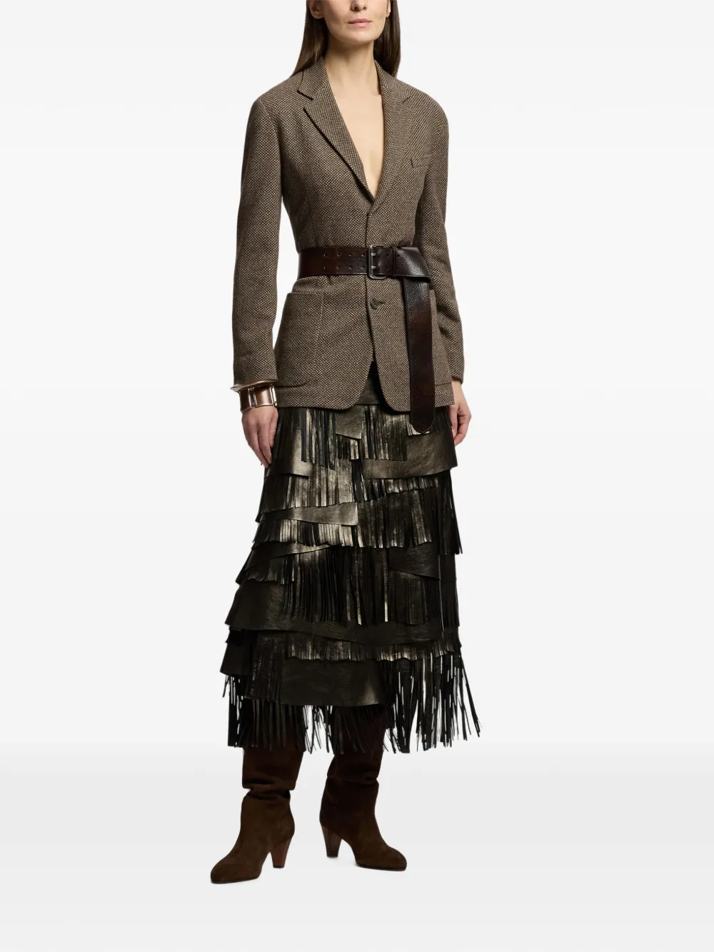 Ralph Lauren Collection Belinda Fringe-trimmed Tiered Midi Skirt in Grey, view 3