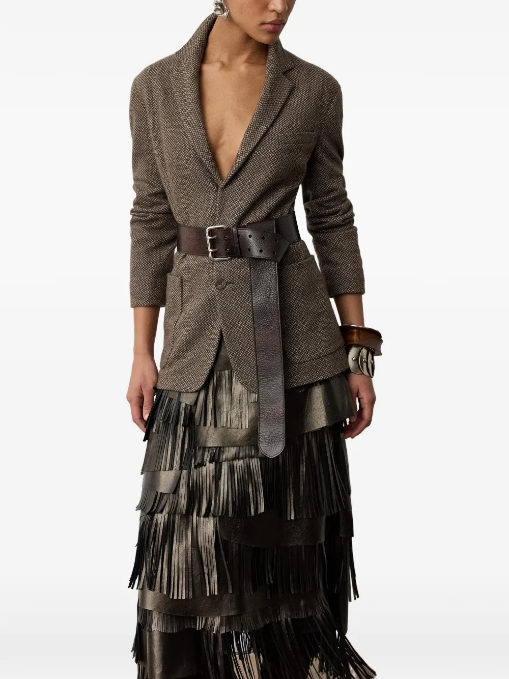 Ralph Lauren Collection Belinda Fringe-trimmed Tiered Midi Skirt in Grey, view 4