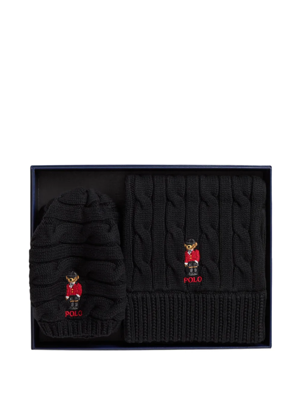 POLO RALPH LAUREN KIDS Set sciarpa e berretto Polo Bear in maglia a trecce - Nero