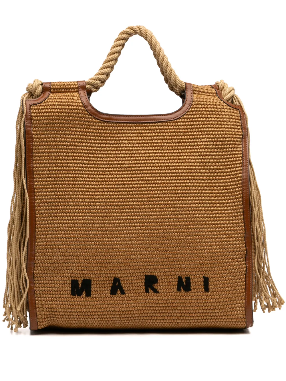 Marni Pre-Owned 2020-2025 Large Raffia Fringe Marcel North South tote bag - Marrone