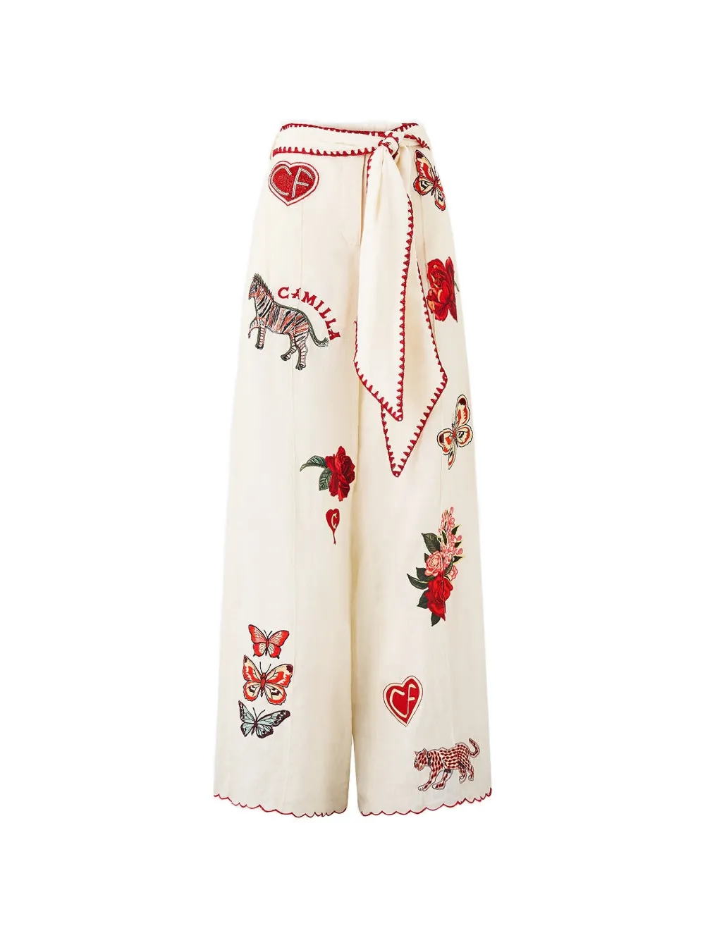 Camilla embroidered-details scarf-belt wide-leg linen trousers - Nude