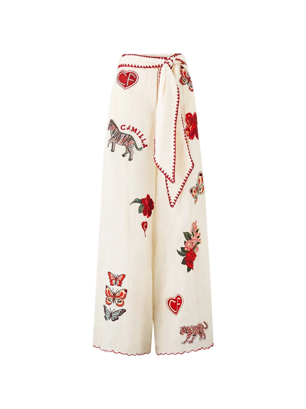 Camilla embroidered-details scarf-belt wide-leg linen trousers - Toni neutri