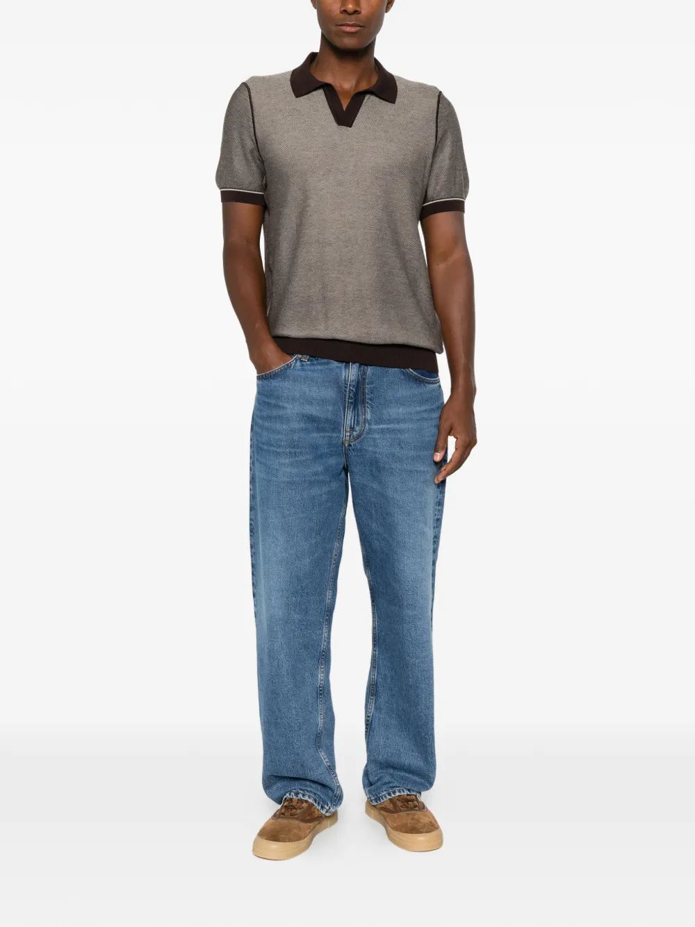BOSS H-Narciso T-shirt met open kraag Bruin